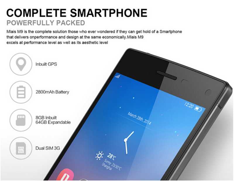 Mlais M9 - это бюджетное устройство с 5-дюймовым QHD дисплеем Вместе с аккумулятором вес смартфона составляет 143 грамм